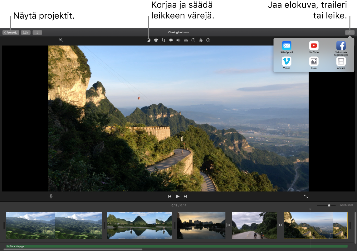 iMovie-ikkuna, jossa näkyy painikkeita projektien katselemiseen, värin korjaamiseen ja säätämiseen ja elokuvan, trailerin tai videoklipin jakamiseen.