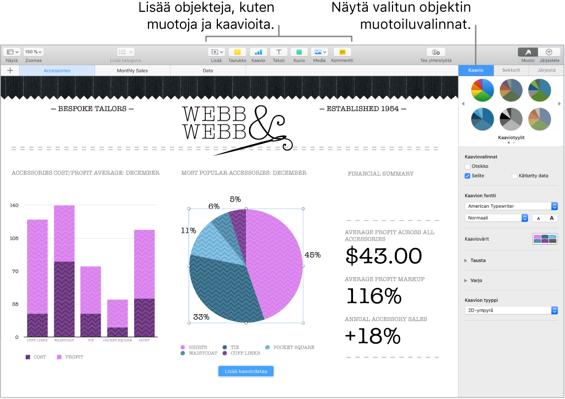 Numbers-ikkuna, jossa on selitteet lisättävissä oleviin objektikategorioihin sekä objektien muotoiluvalinnat.