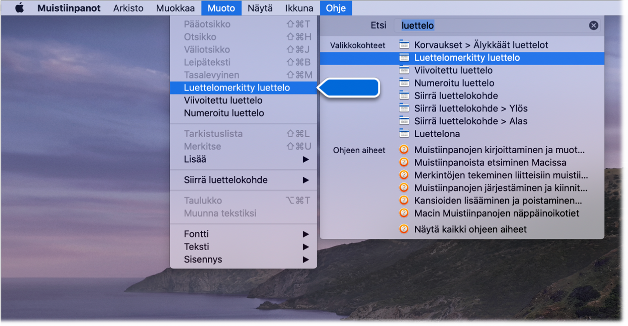 Ohje-valikko, jossa näkyy ”luettelo”-haku ja Luettelomerkitty luettelo -komento korostettuna tulosluettelossa ja Muoto-valikossa.