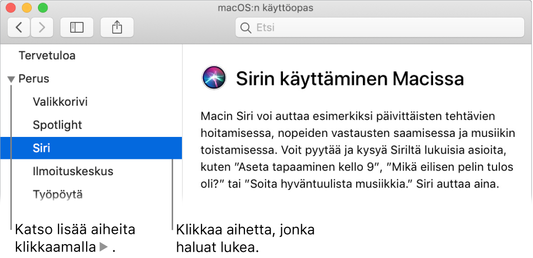 Ohje-katseluikkuna, joka havainnollistaa, miten sivupalkissa lueteltuja aiheita voi selata ja miten aiheen sisällön saa aukaistua.