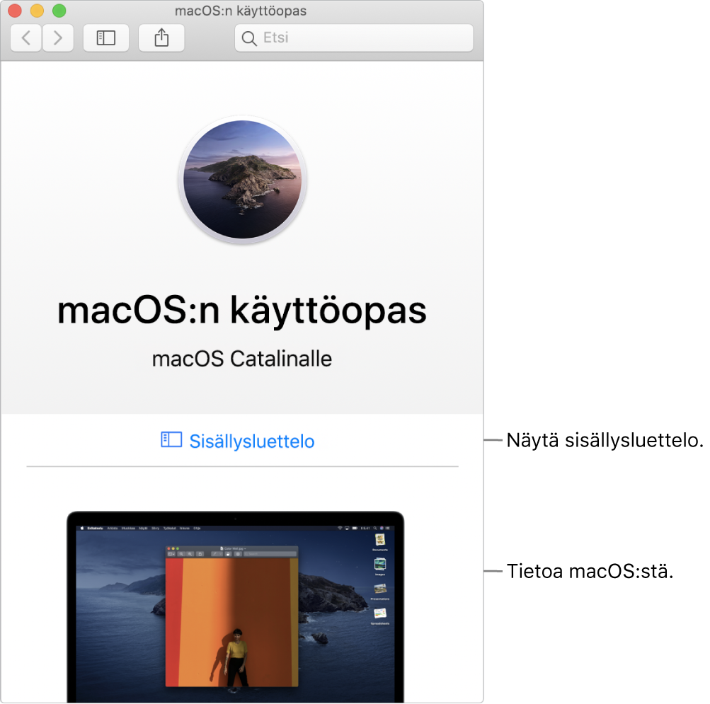 macOS:n käyttöoppaan tervetuloa-sivu, jossa näkyy Sisällysluettelo-linkki.