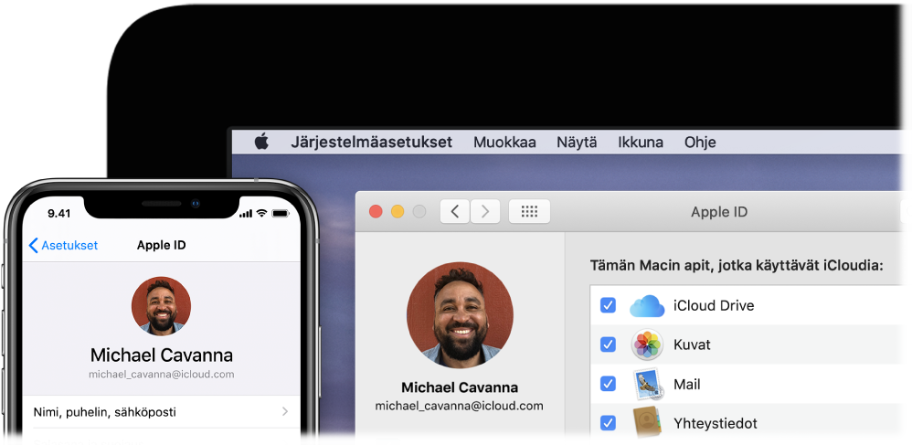 iPhone, jossa näkyy iCloud-asetukset, ja Macin näyttö, jossa näkyy iCloud-ikkuna.