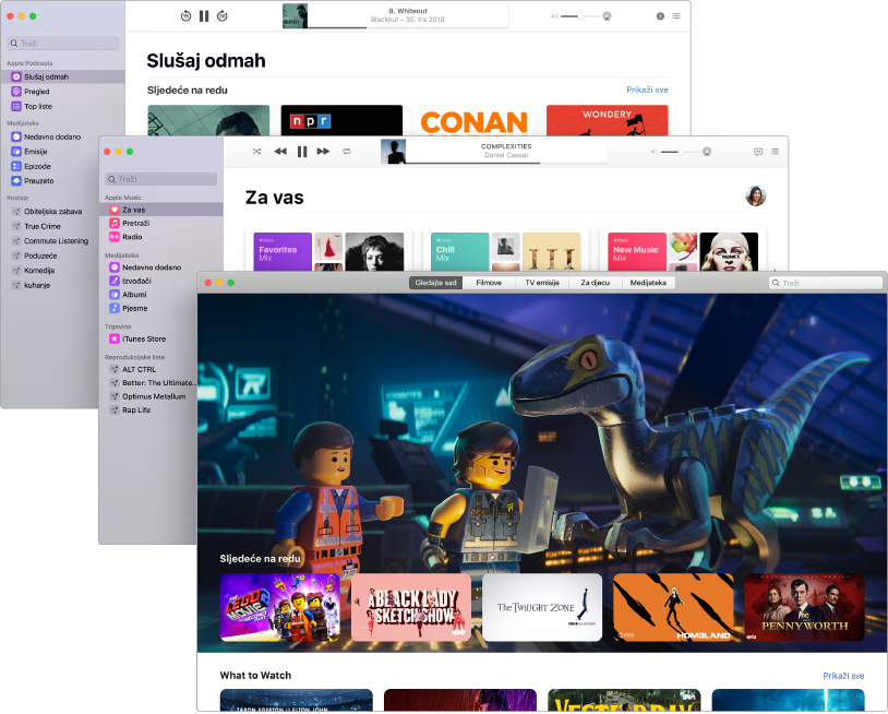 Zasloni medijskih aplikacija koji se preklapaju – Podcasti, Glazba i TV – Apple TV je sprijeda i na njemu se prikazuje The Lego Movie 2: The Second Part.