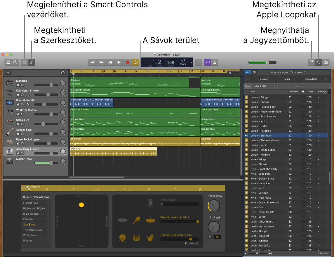 Egy GarageBand-ablak, amelyben az Intelligens vezérlők, a Szerkesztők, a Jegyzetek és az Apple Loopok elérésére szolgáló gombok láthatóak. A sávok nézete is látható.