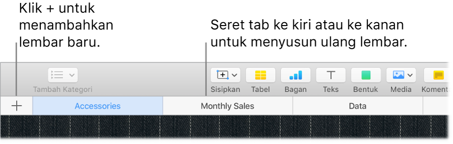 Jendela Numbers menampilkan cara untuk menambah lembar baru dan menyusun ulang lembar.