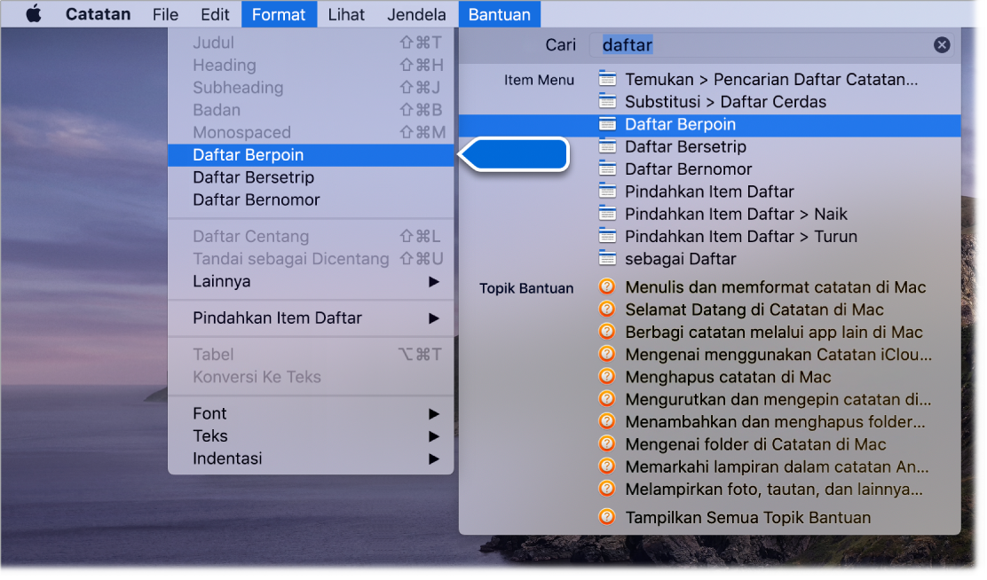 Menu Bantuan menampilkan pencarian untuk ”daftar” dengan perintah Daftar Berpoin disorot dalam daftar hasil dan di menu Format.