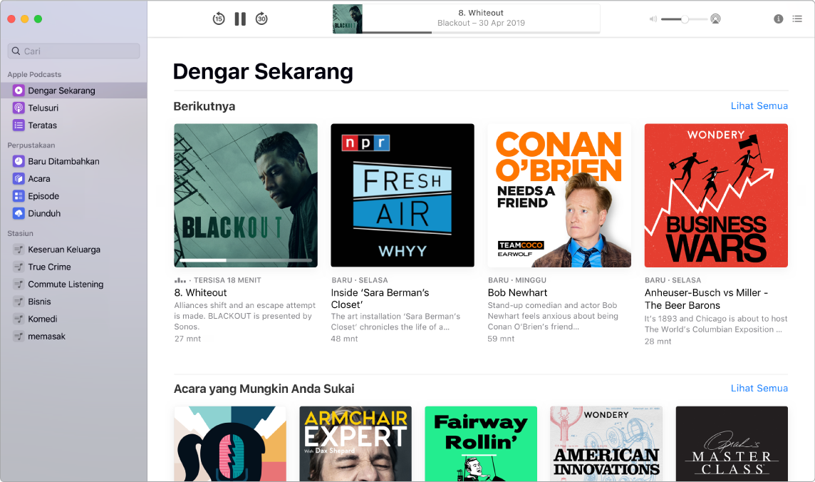 Jendela Podcast menampilkan bidang dan hasil pencarian.