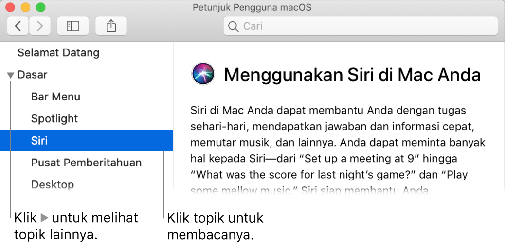 Penampil Bantuan menampilkan cara melihat topik yang terdapat di bar samping dan cara menampilkan konten topik.