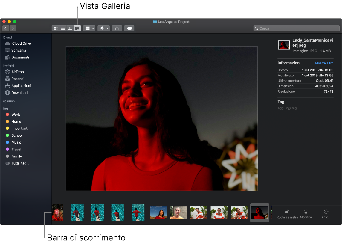 Una finestra del Finder aperta nella vista Galleria, che mostra una foto grande con una fila di foto più piccole, la barra di scorrimento, sotto di essa. I controlli per la rotazione, l’evidenziazione e altro vengono mostrati a destra della barra di scorrimento.