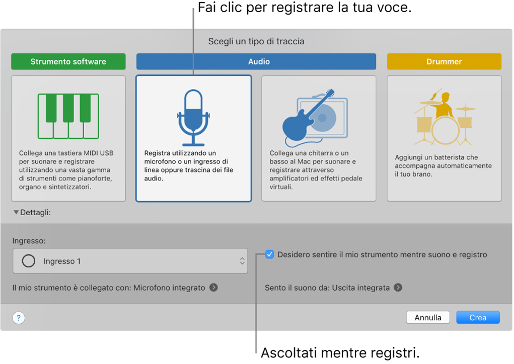 Il pannello degli strumenti di GarageBand che mostra dove fare clic per registrare una voce e come riascoltarsi durante la registrazione.