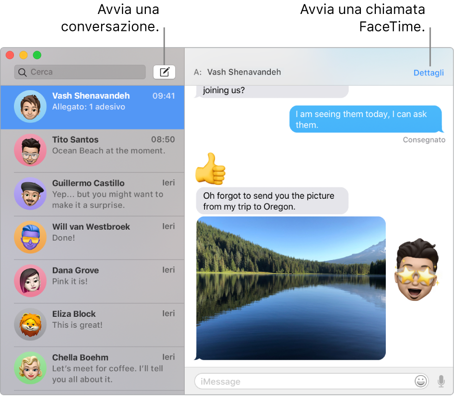 Una finestra di Messaggi che illustra come iniziare una conversazione e una chiamata FaceTime.