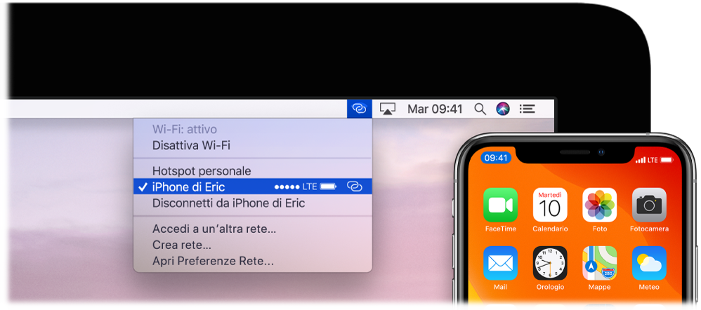 Il monitor del Mac con il menu Wi-Fi che mostra un l'hotspot personale di un iPhone.