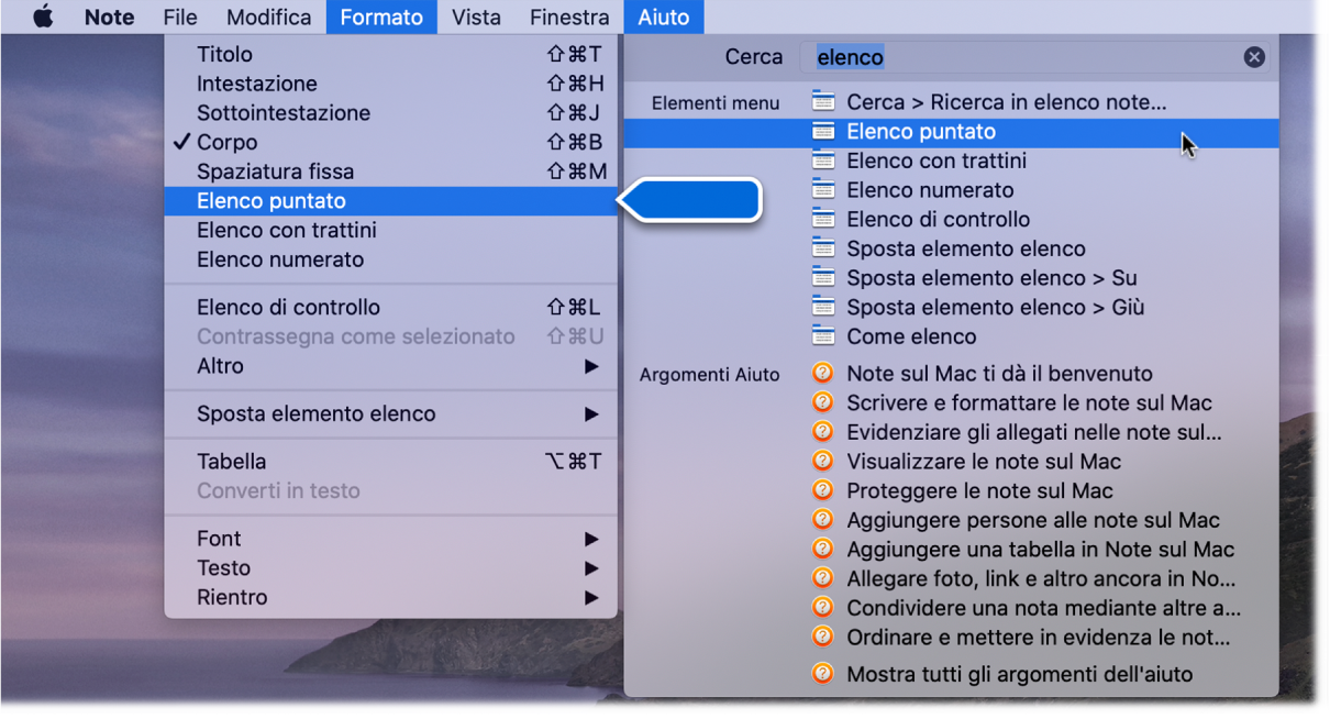 Il menu di Aiuto che mostra la ricerca di “elenco” con il comando “Elenco puntato” evidenziato nell'elenco dei risultati e nel menu Formato.