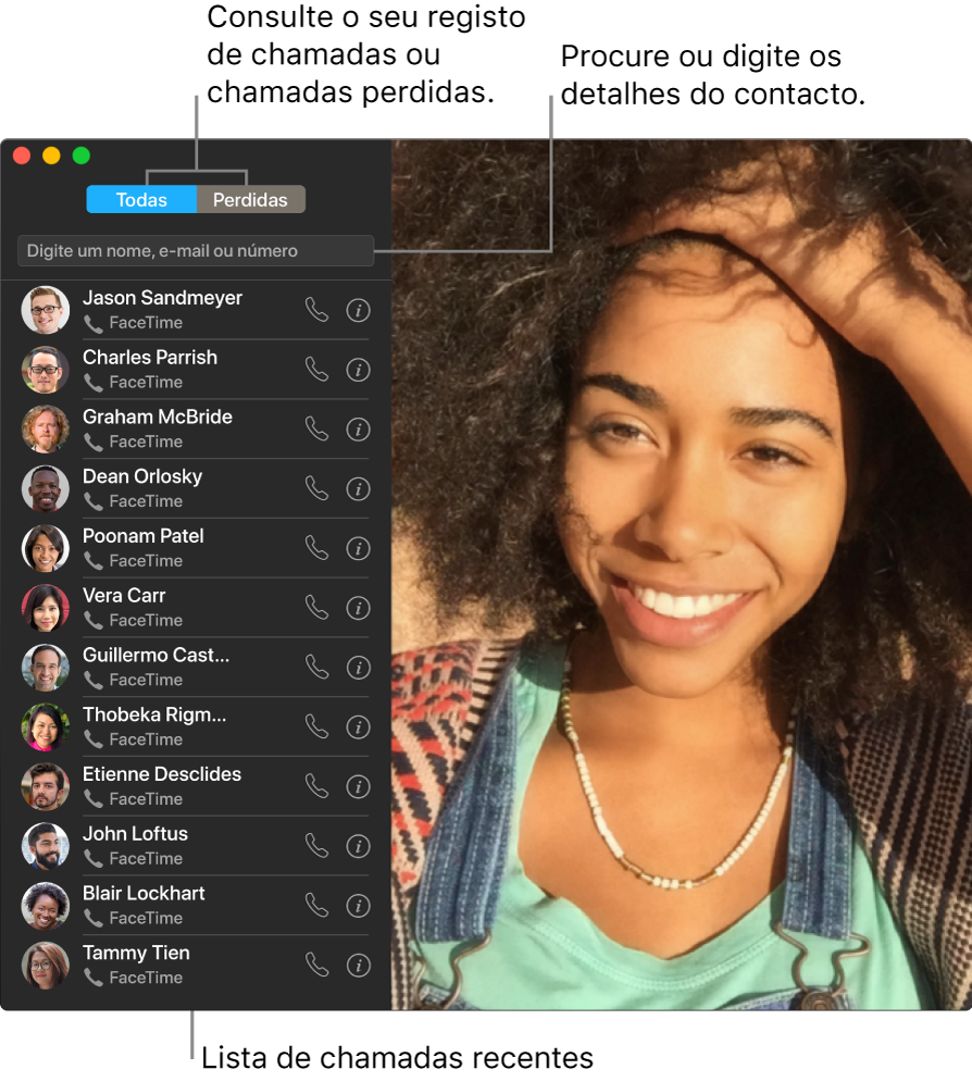 Uma janela do FaceTime que mostra como fazer uma chamada de vídeo ou áudio, usar o campo de pesquisa para introduzir ou pesquisar detalhes de contacto, e ver a lista de chamadas recentes.