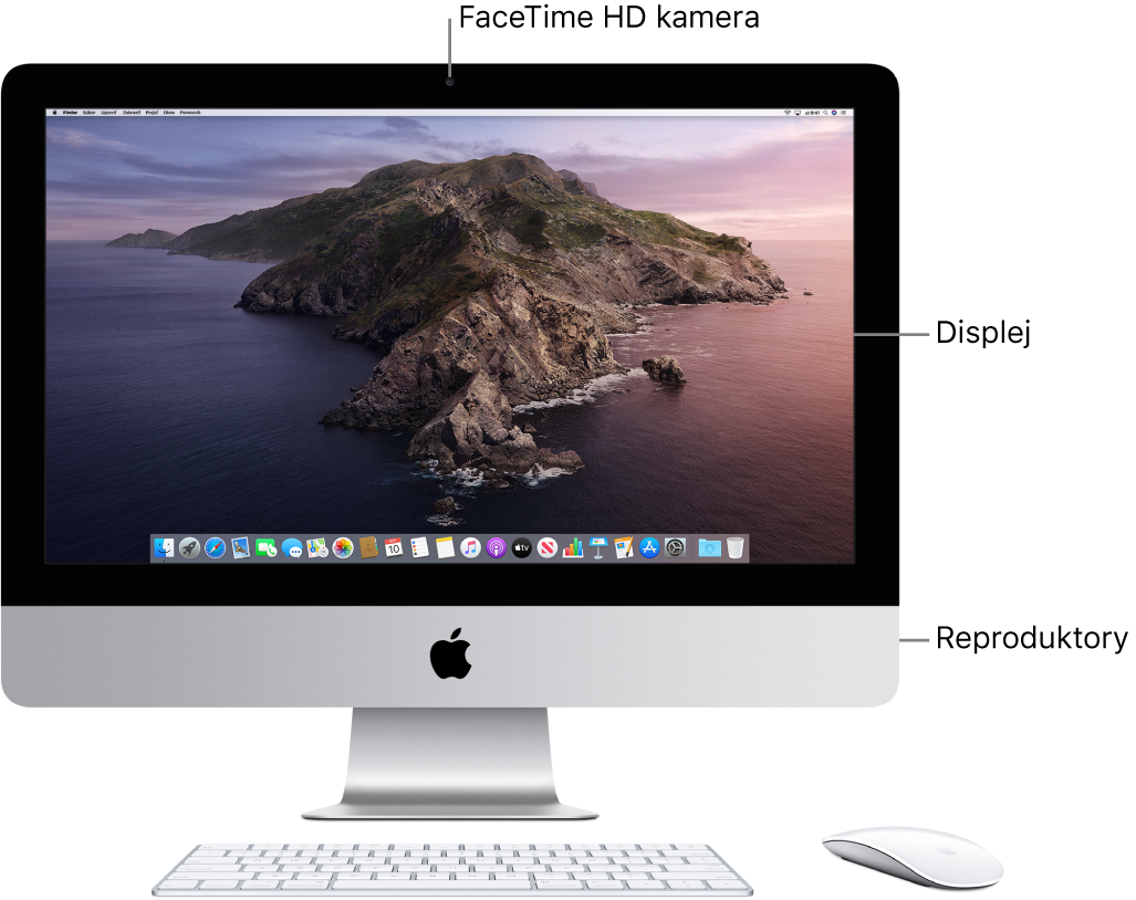 Predná strana iMacu s displejom, kamerou a reproduktormi.