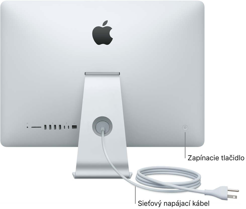Pohľad na zadnú stranu iMacu s napájacím káblom AC a tlačidlom napájania.