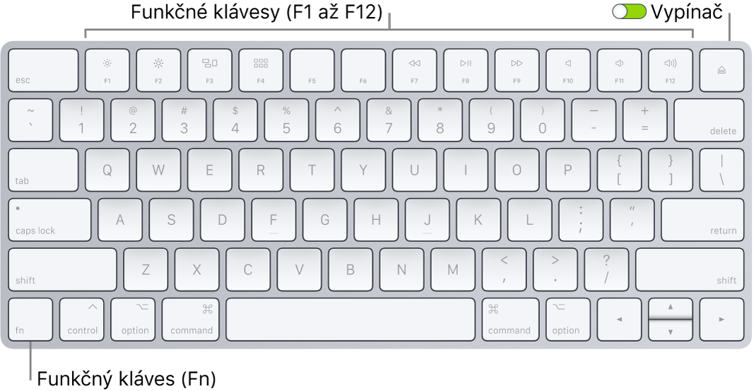 Magic Keyboard s funkčným klávesom (Fn) v ľavom dolnom rohu a prepínačom zapnutia/vypnutia v pravom hornom rohu klávesnice.