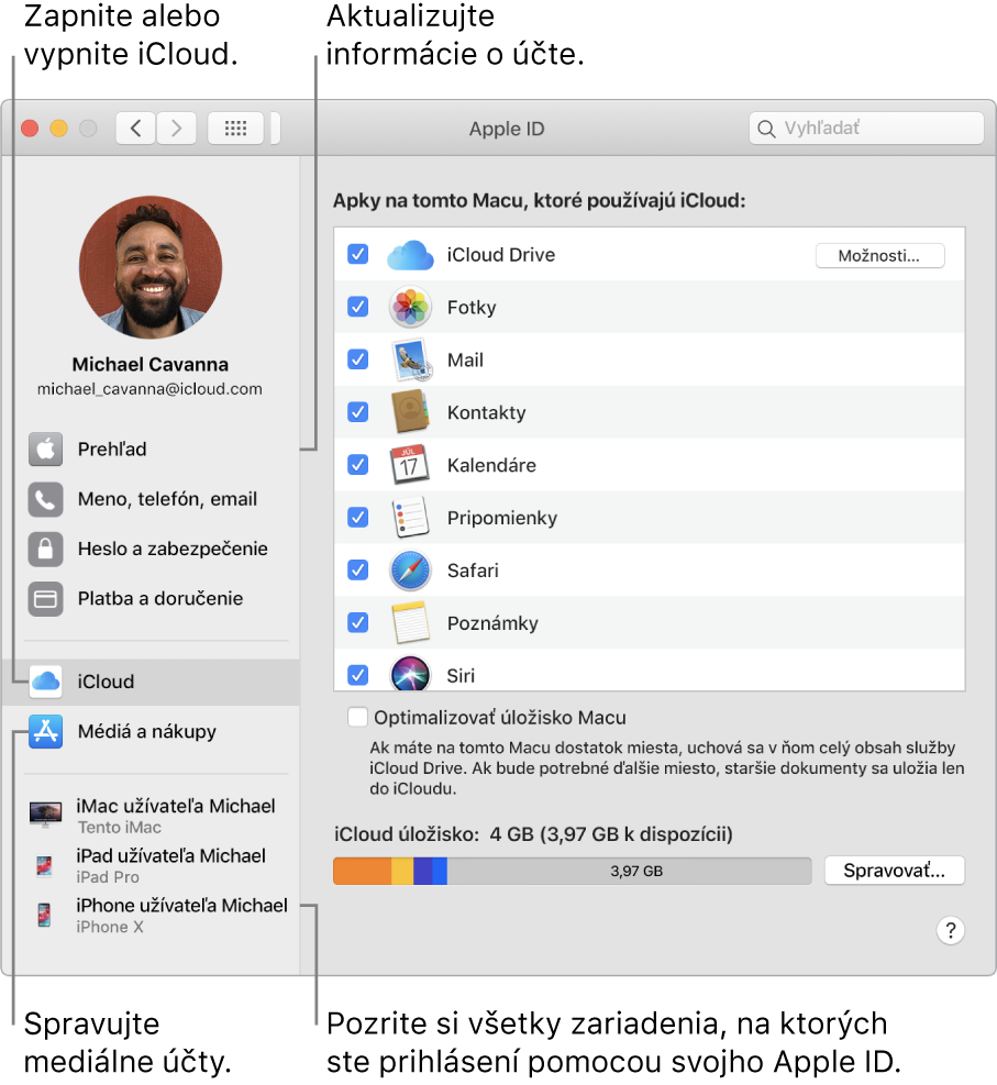 Panel Apple ID v Systémových nastaveniach. Po kliknutí na rôzne položky v postrannom paneli môžete aktualizovať údaje o svojom účte, zapnúť alebo vypnúť iCloud, spravovať mediálne účty alebo zobraziť všetky zariadenia prihlásené pod vaším Apple ID.