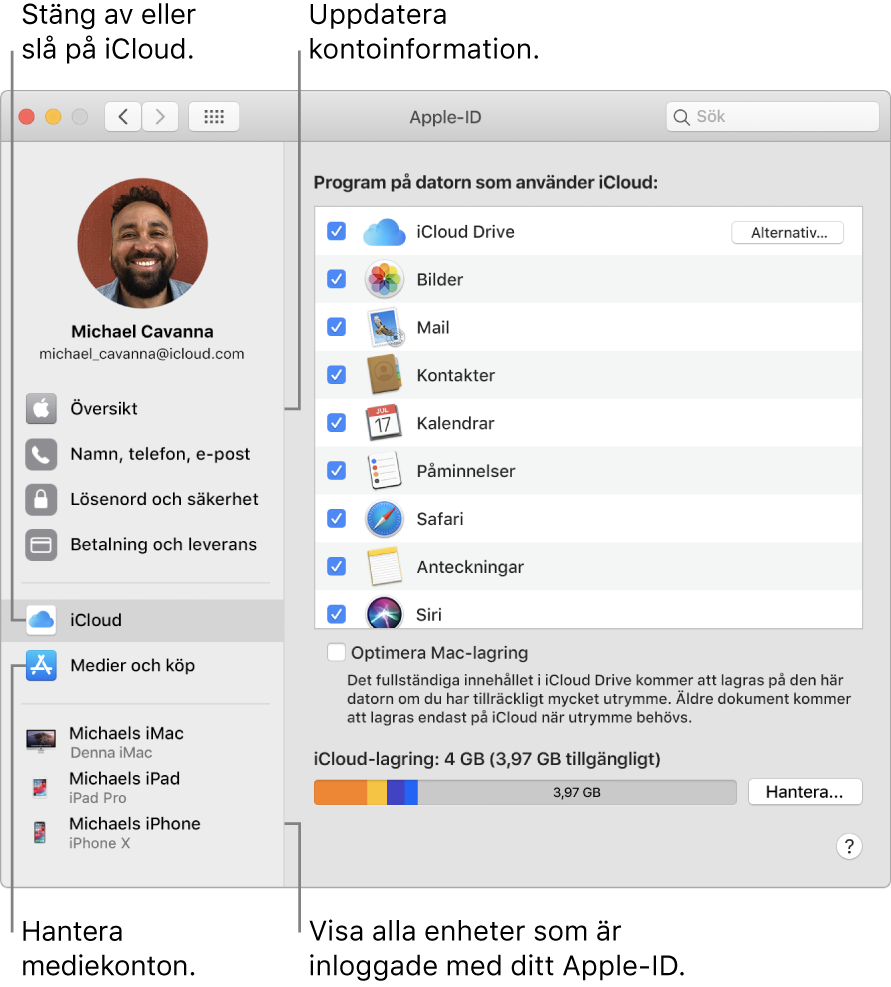 Panelen Apple‑ID i Systeminställningar. Klicka på ett objekt i sidofältet för att uppdatera din kontoinformation, slå på eller stänga av iCloud, hantera mediekonton och se alla enheter där du är inloggad med ditt Apple‑ID.