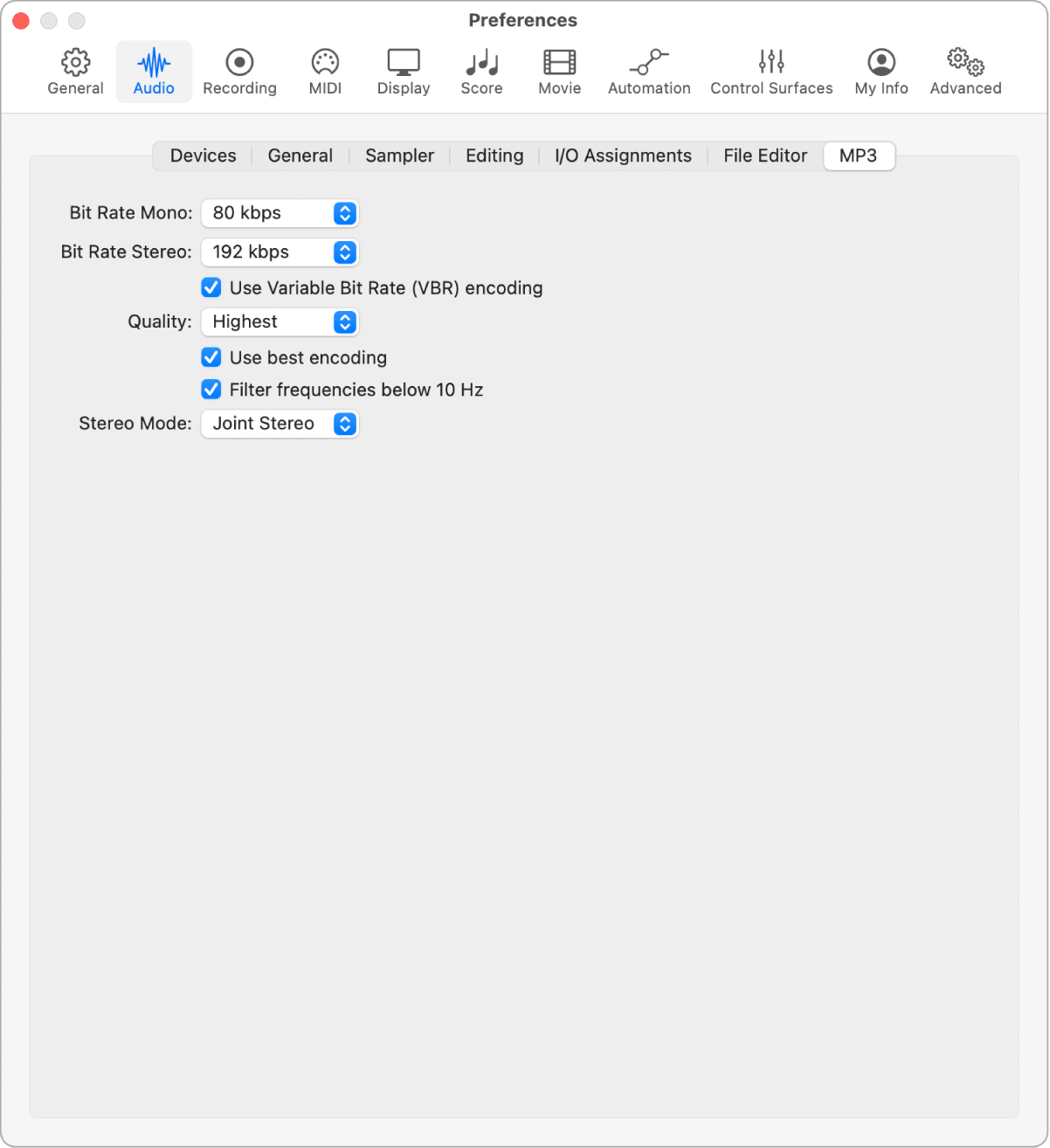 Abbildung. Bereich „Audio“ > „MP3“