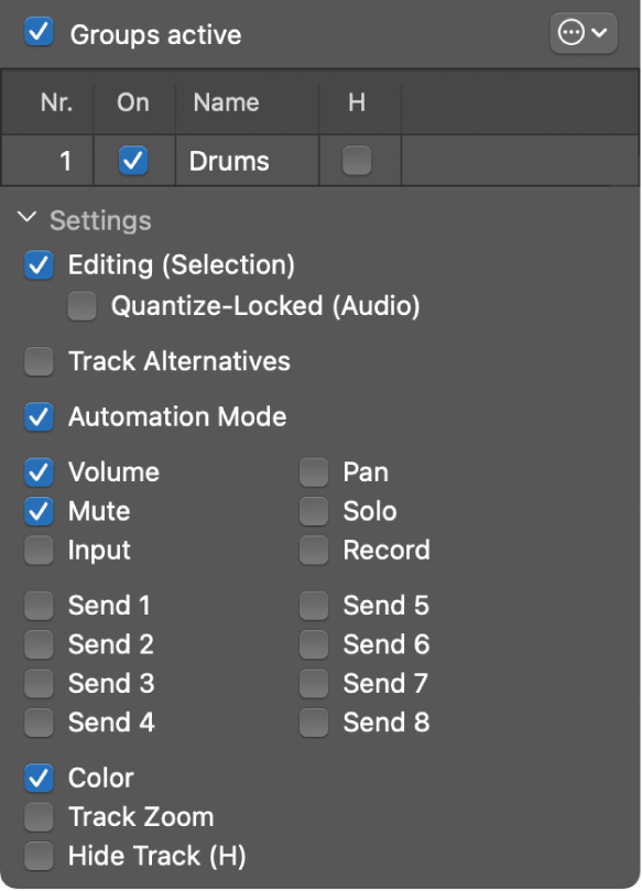 Figure. Groups menu showing Editing and Quantize-Locked (Audio) selected.