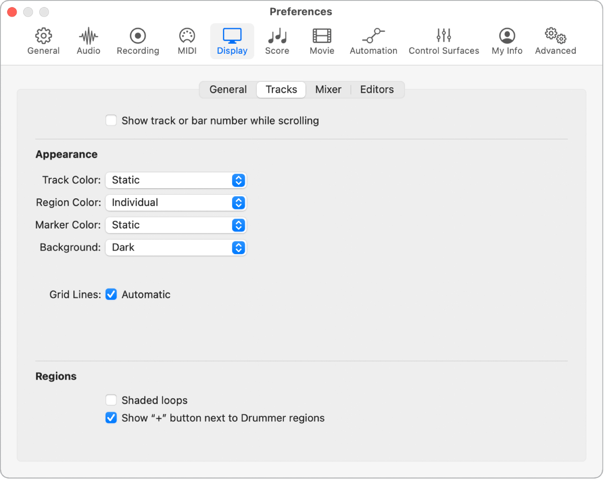 Figure. Tracks Display preferences.