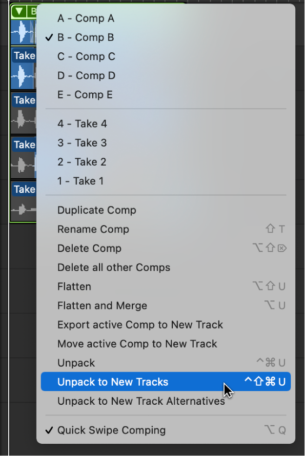 Figure. Choosing Unpack to New Tracks from the pop-up menu.