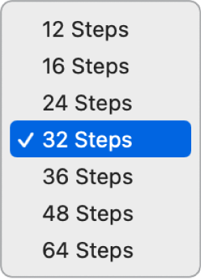 Step Sequencer Pattern Length pop-up menu open, showing choices.