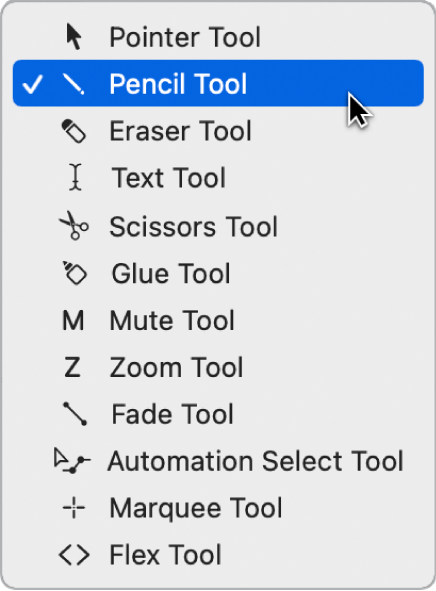 Figure. The Tool menu in the Piano Roll Editor, with the Pencil tool selected.