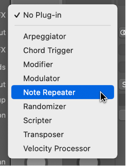 Figure. Choosing a MIDI effect from the pop-up menu.