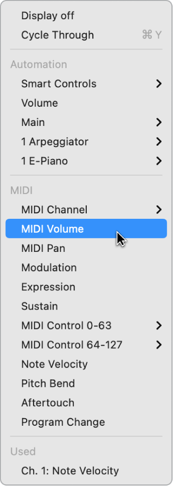 Figure. MIDI data chosen in the Automation/MIDI Parameter pop-up menu.