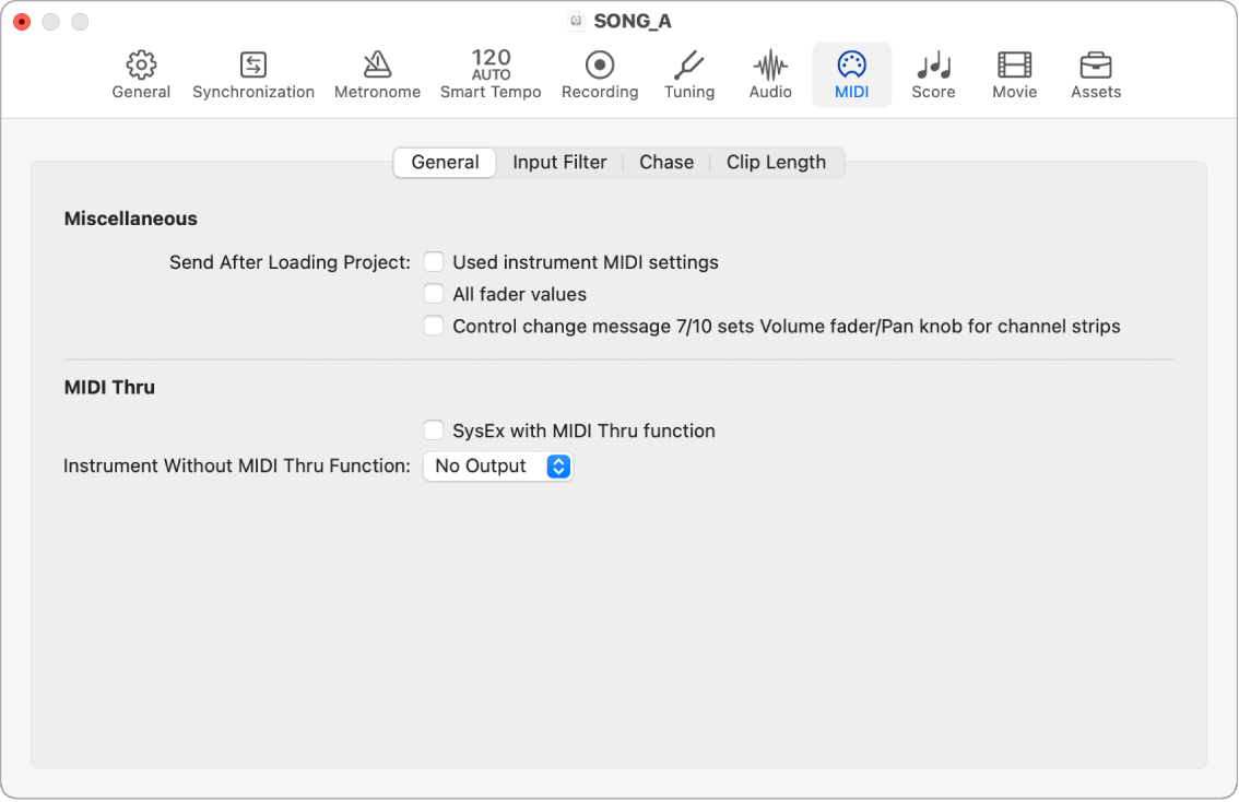 Figure. General MIDI settings.