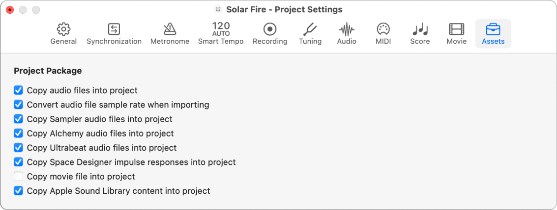 Figure. Assets project settings pane.