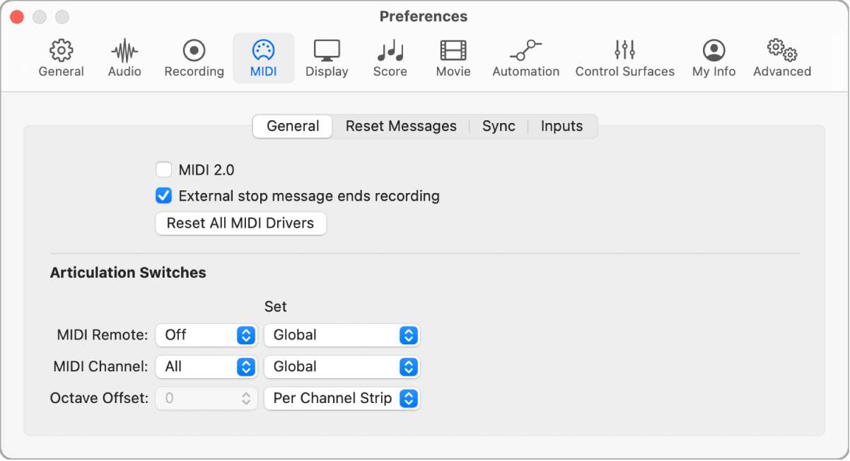 Figure. General MIDI preferences.