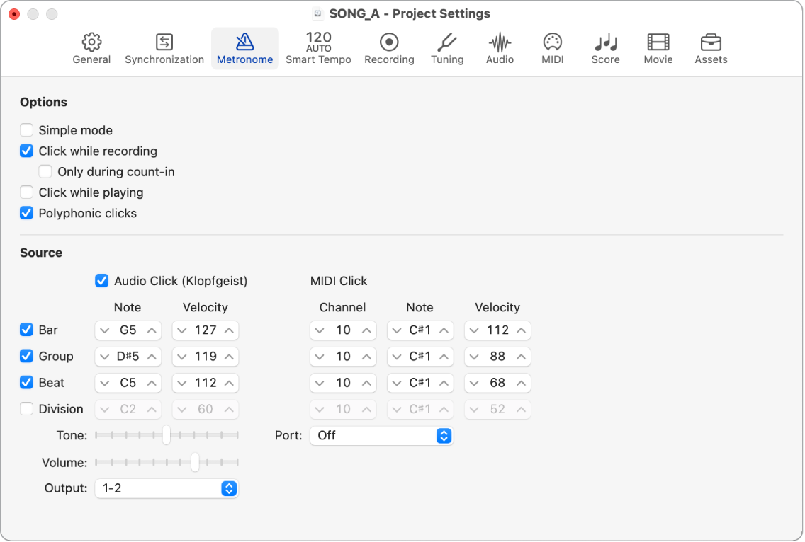 Figure. Metronome settings.