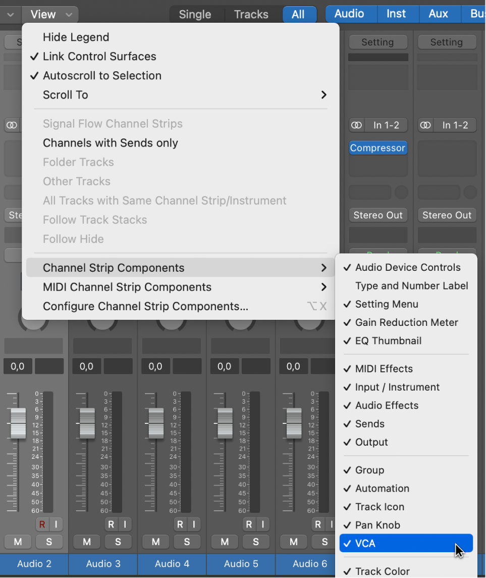 Figure. Channel Strip Components submenu of the Mixer View menu.