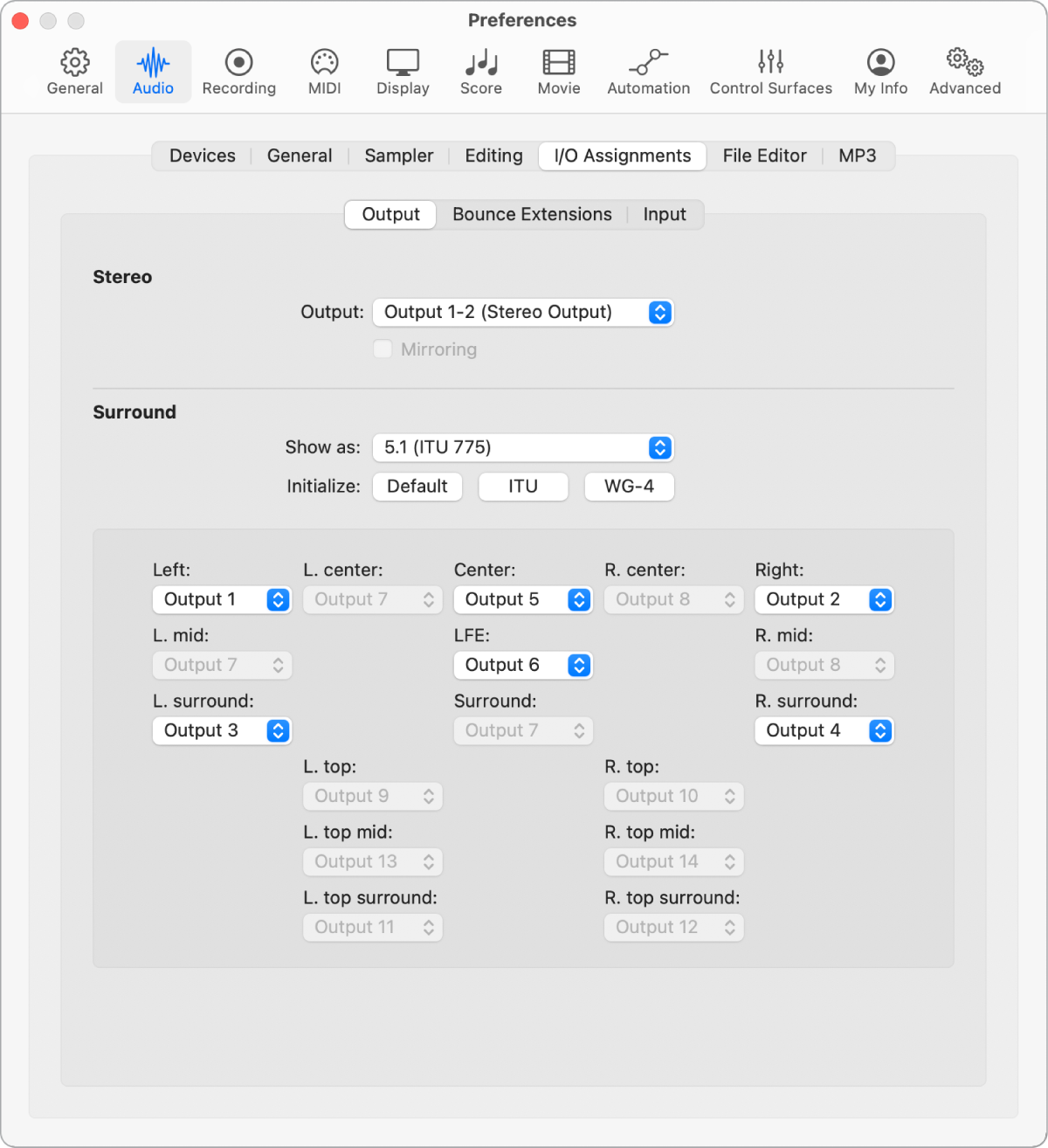 Figure. I/O Assignments pane in Audio preferences.