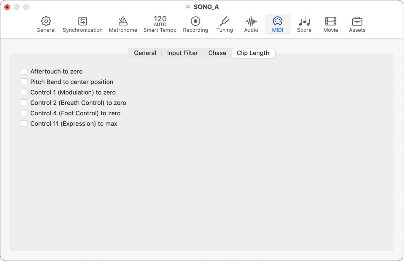 Figure. MIDI Clip Length settings.