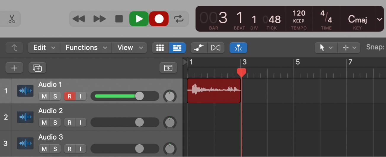 Figure. Showing a recorded audio region in red in the Tracks area.