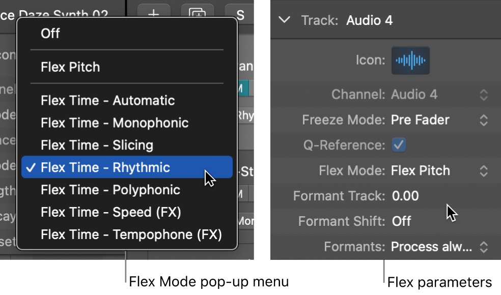 Figure. Track inspector showing Flex algorithms and parameters.