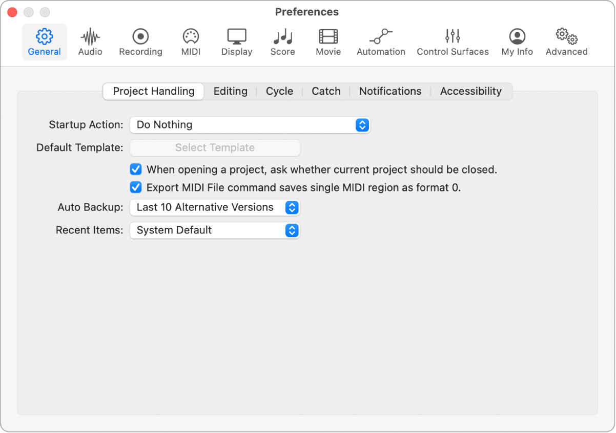 Figure. General Project Handling preferences.