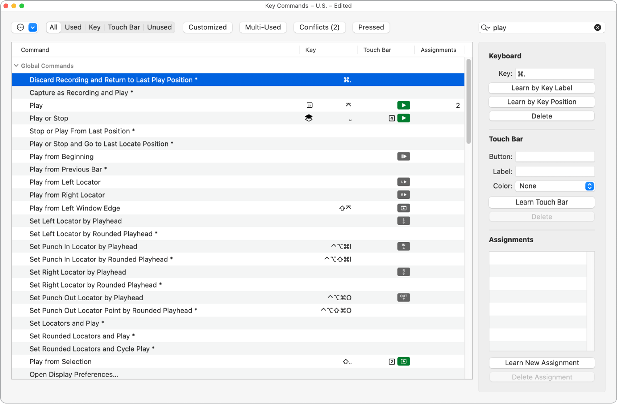 Figure. Deleting a key command assignment.