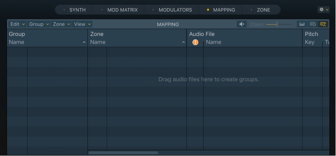  Figure. Empty Sampler Zone view showing Drag audio files here message.