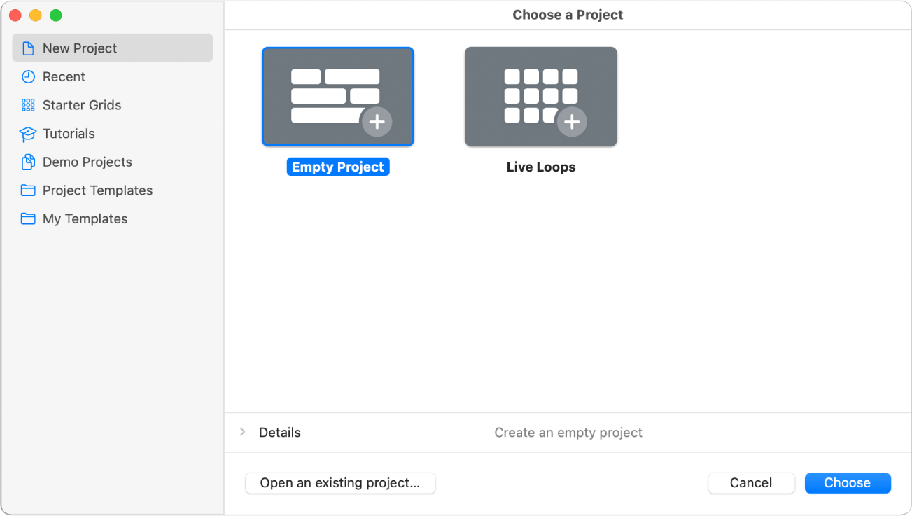 Figure. Project Chooser with Empty Project selected.