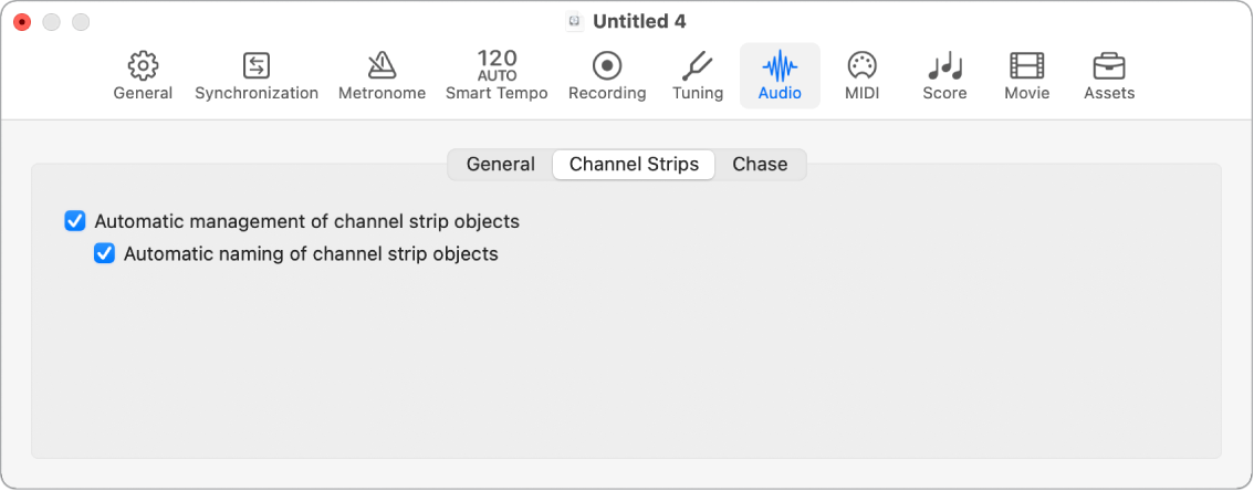 Figure. Channel strip audio settings.