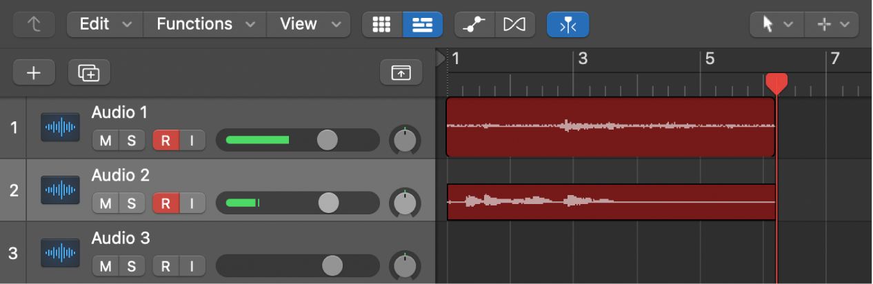 Ilustración. Se muestran grabaciones de audio en dos pistas de audio.