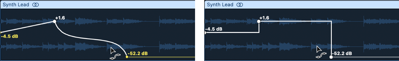 Mantén pulsada la tecla Opción y haz clic en una curva de automatización con la herramienta “Curva de automatización” para transformar una curva continua en una curva instantánea.
