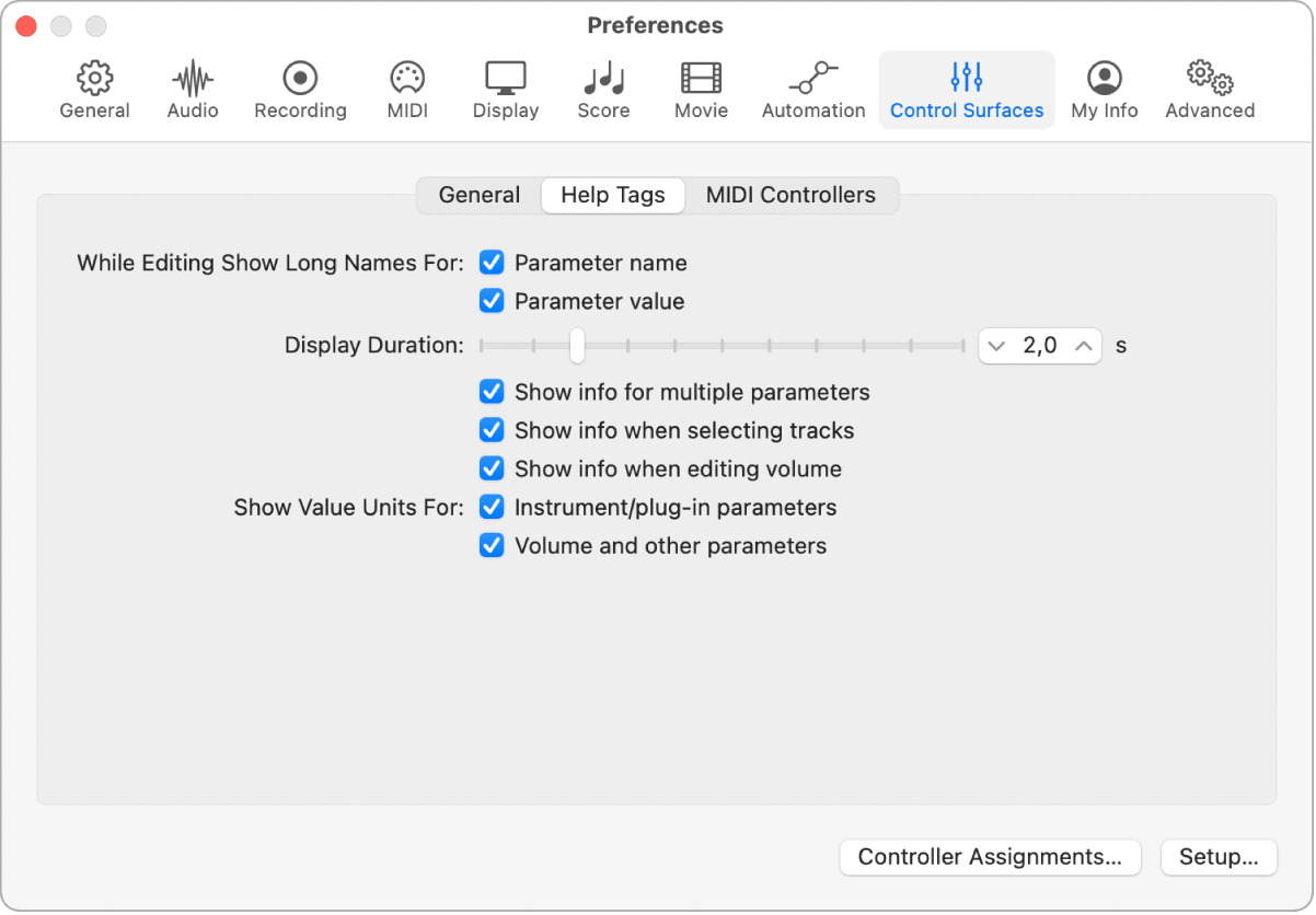 Figure. Préférences des bulles d’aide de Logic Pro