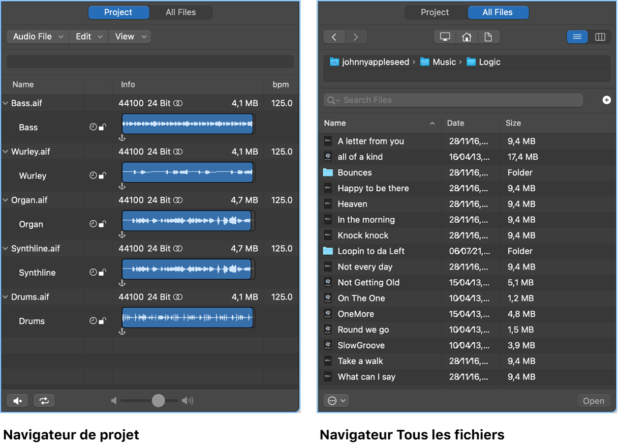 Figure. Navigateur audio du projet et navigateur Tous les fichiers.