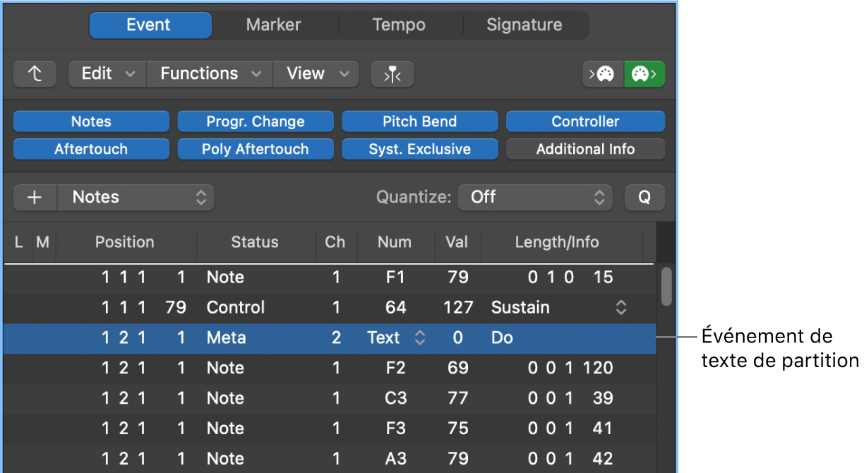 Figure. Évènement de texte de partition dans la liste d’évènements